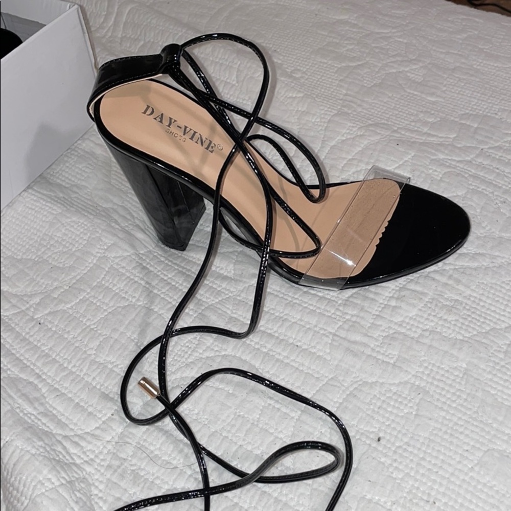 Black shiny lace up heels